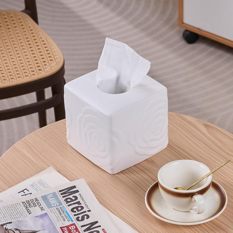 EtooCafe White Ceramic Rose Tissue Box Cover, Carved Flowers Large Square Tissue Box Holder Decorative for Bathroom, Vanity, Kitchen Countertop, Bedroom Night Stands, Office Desk Top - Image 4